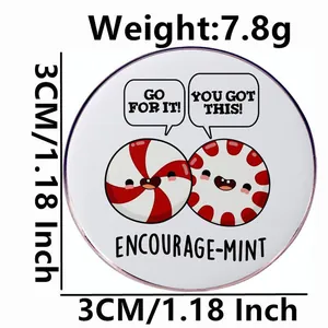 Cute round peppermint pin with Encourage-mint text, 3cm diameter motivational metal badge