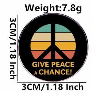 Give Peace a Chance 3cm round metal brooch with vintage sunset design and peace sign