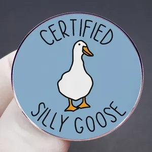 Certified Silly Goose cartoon metal pin badge with white goose on blue background