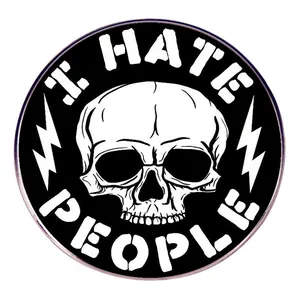 Minimalist I Hate People enamel pin with skull and lightning on black metal badge