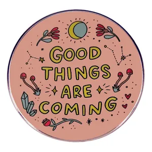 Good Things Are Coming Round Alloy Brooch Hand Drawn Illustration Style Flower Moon Mushroom Lapel Pin Positive Badge Jewelry