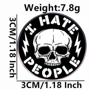 Skeleton pin badge with I Hate People text, 3cm diameter black and white punk brooch
