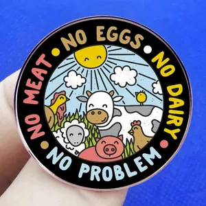 Spilla vegana con animali della fattoria e slogan No Meat su sfondo blu