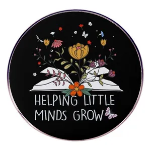 Enamel Book Flower Brooch Pin Helping Little Minds Grow Round Alloy Badge For Reading Lovers Teachers Students Jewelry