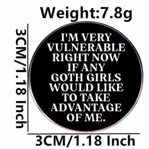 Gothic girl theme pin badge in black enamel showing 3cm size and weight details
