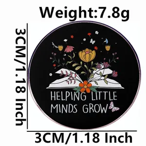 Enamel book brooch with flowers and educational text, 3cm round metal badge for readers