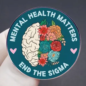Mental health matters enamel pin with colorful flower brain and end the stigma text