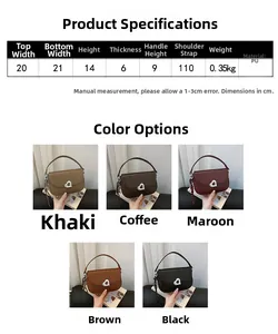Size chart for women's PU leather saddle bag with dimensions, weight and five color options