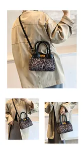 Three-way view of leopard print crossbody bag with gold clasp and adjustable strap