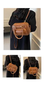 Three-way view of a vintage brown leather backpack worn as a chic crossbody and handbag