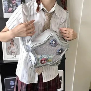 Silver star-shaped Ita bag with transparent window for anime badges and adjustable strap