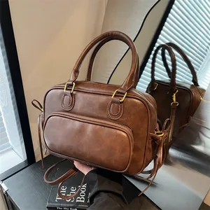 Vintage PU Leather Handbag For Women Retro Boston Bag Large Capacity Shoulder Crossbody Bag For Daily Commute Office