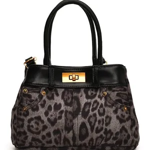 Fashionable leopard print canvas satchel with black leather trim and gold twist lock