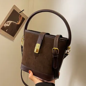 Vintage Women Matte Suede PU Splicing Bucket Bag With Gold Lock Large Capacity Shoulder Messenger Handbag Underarm Small Crossbody Bag