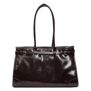 Vintage coffee brown glossy leather tote bag with metallic buckle and shoulder straps