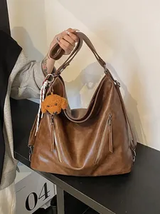 Maillard Vintage Large Capacity Women Backpack Fashion PU Leather Tote Bag With Plush Dog Pendant Retro Casual Shoulder Bag