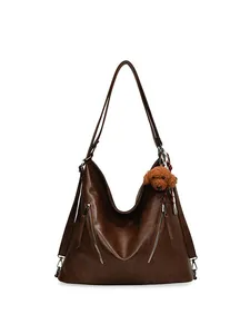 Maillard vintage dark brown PU leather hobo bag with plush dog charm and dual front zippers