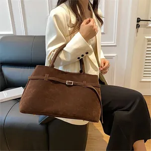 Vintage Matte PU Suede Tote Bag For Women Large Capacity Business Commuter Shoulder Bag With Belt Buckle Handbag Office Work Bag