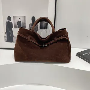 Retro dark brown frosted leather large tote bag for women with dual handles and metal buckle