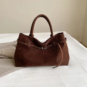 Vintage dark brown suede tote bag with decorative buckle for women's daily commute
