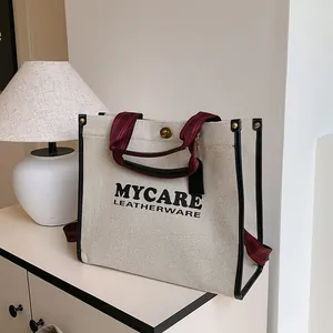 Vintage Τσάντα Tote από Καμβά Με Ριγέ Λαβή Κορδέλα Τύπωμα Γράμματα Τσάντα Ώμου Χιαστί Μεταλλική Κλειδαριά Μόδα Γυναικεία Τσάντα