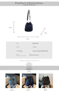 Tableau des tailles et détails techniques du sac seau en denim brodé avec cordon
