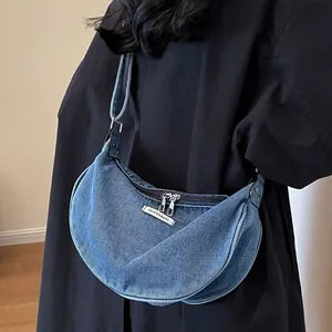 Women Vintage Washed Denim Crescent Shoulder Bag Lazy Style Casual Crossbody Bag With Adjustable Strap Fashion Hobo Bag