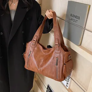 Women Large Capacity PU Leather Tote Bag Vintage Multi Pocket Zipper Shoulder Bag Fashion Commute Handbag For Daily Work