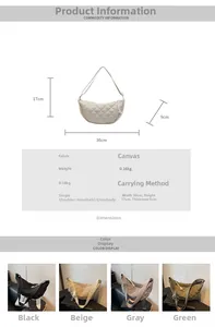 Detailed chart of quilted canvas crescent bag showing 36x17x9cm size and 0.16kg weight info