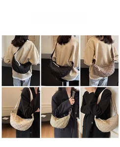 Detailed views of quilted crescent bags in various colors with adjustable straps