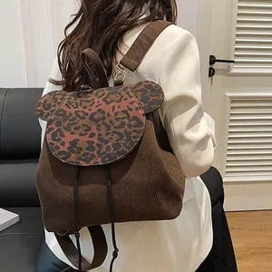 Koreanische Mode Leopardenmuster Karierter Cord Rucksack Für Damen Süßer Bärenohr Kordelzug Rucksack Freizeit Reise Schule Umhängetasche