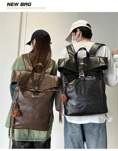 Waterproof leather backpack detail showing large capacity design and plush bear charm
