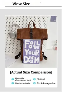 Detailed view of brown roll-top backpack capacity for A4 files and electronics