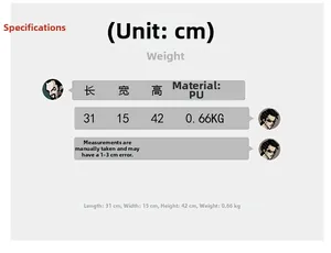 Detailed dimensions of the waterproof PU backpack: 31x15x42cm, weighing 0.66KG