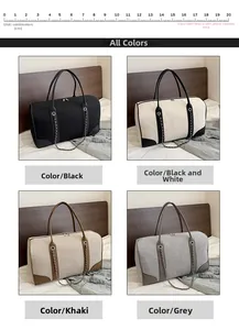 Detail view of large canvas tote bags in four colors with leather handles and size scale