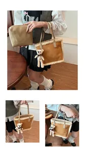 Detail of faux suede tote bag with white lamb wool trim and bear charm accessory