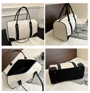Detailed views of a large contrast canvas tote bag featuring metal studs and interior pockets