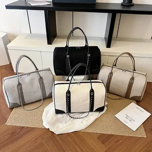 Women Large Capacity Contrast Canvas Travel Handbag Fashion Shoulder Bag With Chain Decor Commuting Tote Gym Weekender Bag