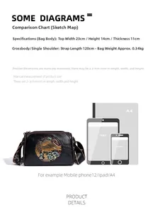 Size comparison of a vintage leather crossbody bag with ethnic elephant pattern details