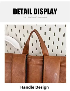 Detail view of durable brown PU leather handle and reinforced stitching on the backpack