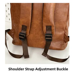 Detail of adjustable shoulder strap buckle and reinforced stitching on brown PU backpack