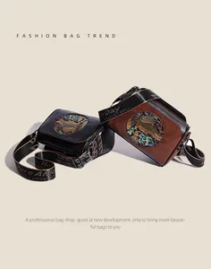 Detailed view of vintage embossed leather crossbody bags in black and brown styles