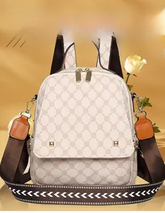 Detailed front view of premium backpack with geometric logo print and gold zippers