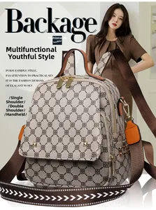 Detail showing versatile carrying ways for the retro printed backpack with geometric patterns