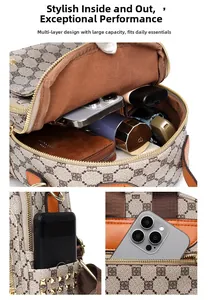 Detail view of large capacity vintage backpack with multi-layer pockets and floral pattern