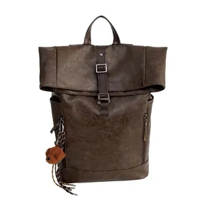 Waterproof dark brown PU leather backpack with vintage texture and cute bear charm