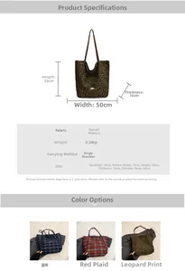 Detailed size specifications and material chart for large leopard print tote bag