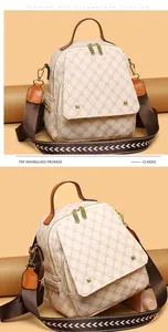 Detailed close-up of cream backpack with geometric patterns and brown leather straps