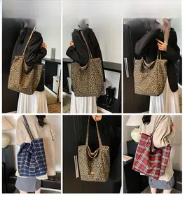 Detailed views of leopard and plaid canvas tote bags styled with different autumn outfits