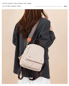 Close-up of checkered backpack with ethnic woven strap and orange detail accents